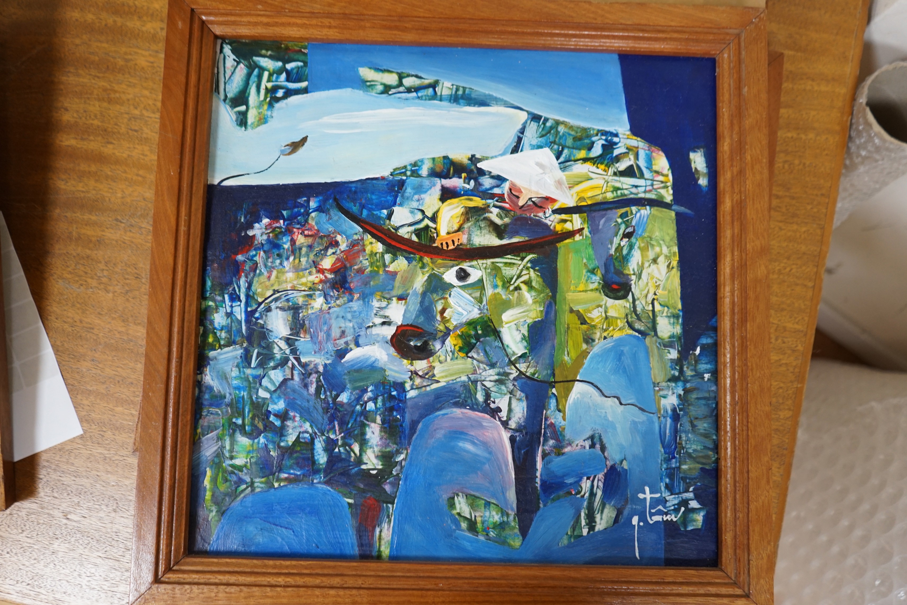 Tr?n Minh Tuân, set of four oils on card, Semi abstract landscapes, signed, 38 x 39cm